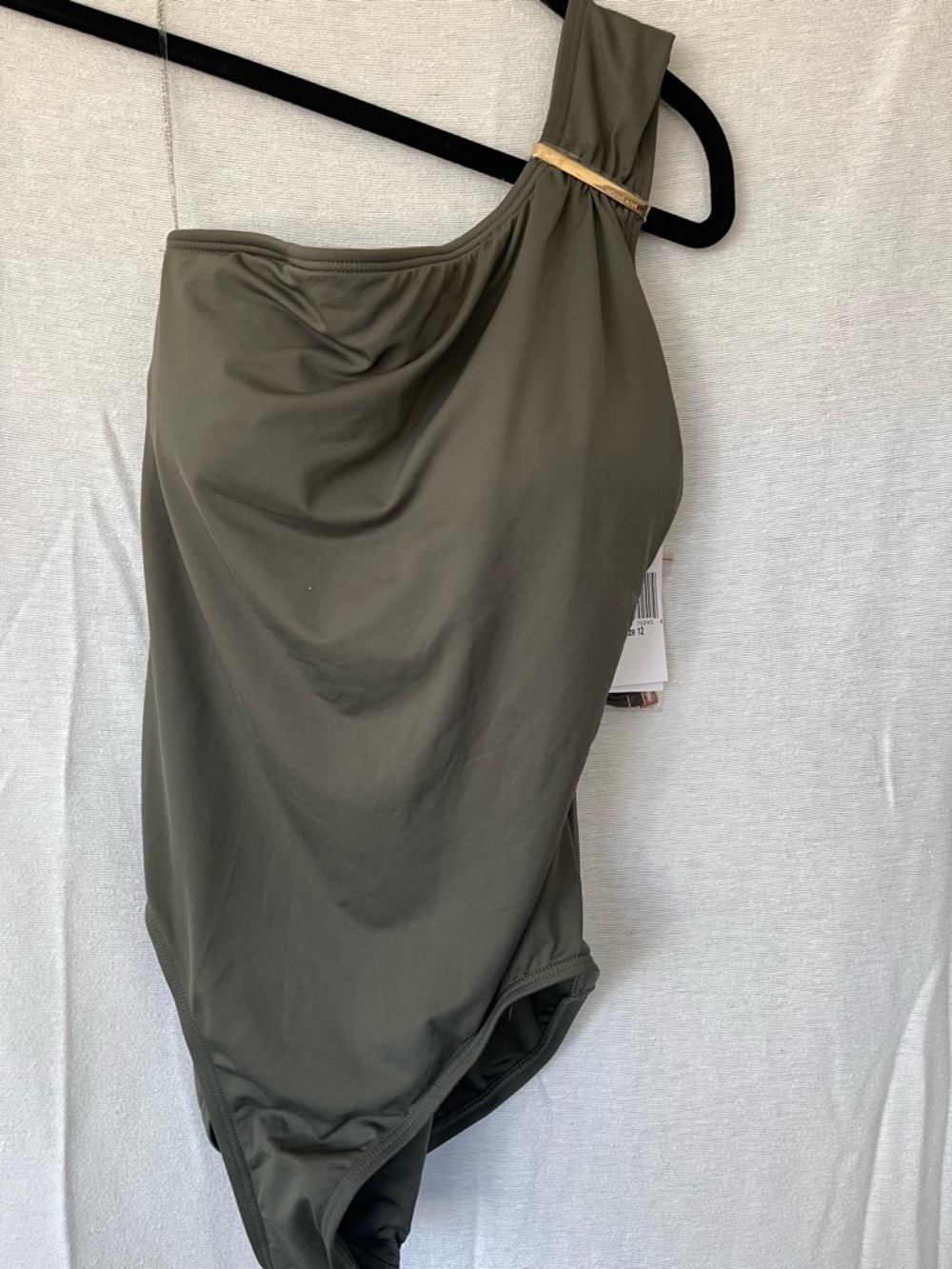 Michael Kors Womens logo bar One Shoulder Underwire Swimsuit  Ivy Green Size 12
